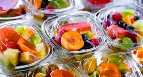 Fruit packaged in plastic.