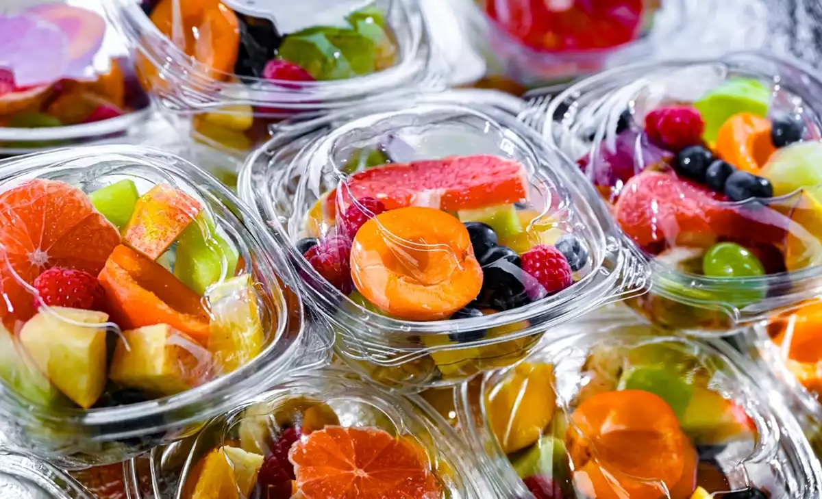 Fruit packaged in plastic.