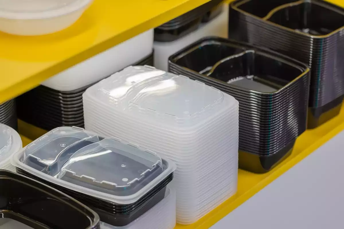 Stacks of unused food containers.