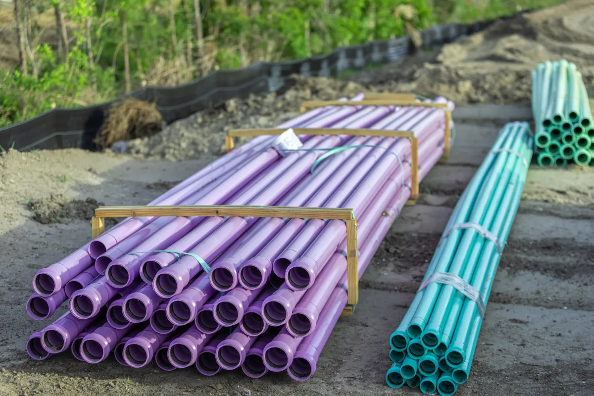 A stack of large purple PVC pipes for reclaimed water.
