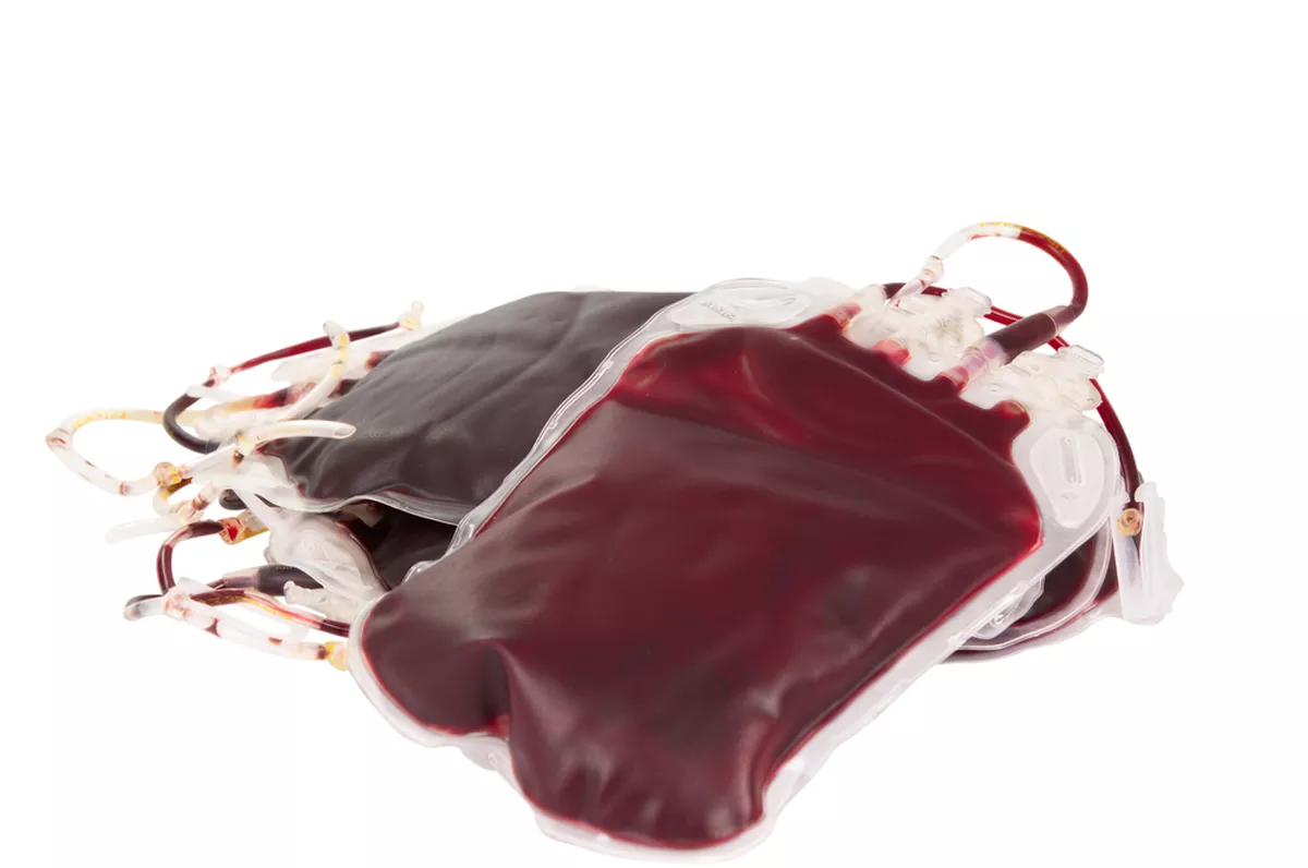 Vinyl blood bags on a white background.